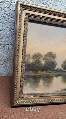 Joli Tableau Ancien Huile Sur Papier Paysage Lac Signature à identifier 27 x19cm