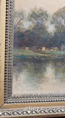 Joli Tableau Ancien Huile Sur Papier Paysage Lac Signature à identifier 27 x19cm