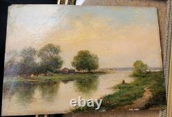 Joli Tableau Ancien Huile Sur Papier Paysage Lac Signature à identifier 27 x19cm