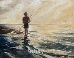Le Petit Pêcheur, Huile Sur Toile Signée M. Durand 1932, Tableau Ancien, XXe