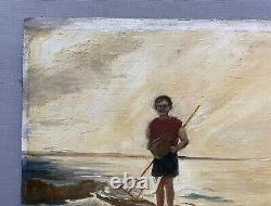 Le Petit Pêcheur, Huile Sur Toile Signée M. Durand 1932, Tableau Ancien, XXe