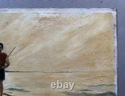 Le Petit Pêcheur, Huile Sur Toile Signée M. Durand 1932, Tableau Ancien, XXe