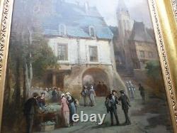 Léonard SAURFELT-c. 1840-Tableau ancien-Huile-Le marché-Normandie-cadre-oil