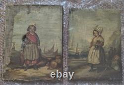 Lot scènes Tableaux peinture ancienne 1877 French Painting à restaurer signé