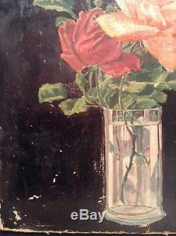 Louis MAISTRE 1846 Tableau Ancien XIXe Bouquet Roses Huile signée à restaurer