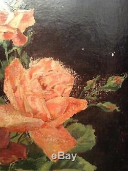 Louis MAISTRE 1846 Tableau Ancien XIXe Bouquet Roses Huile signée à restaurer
