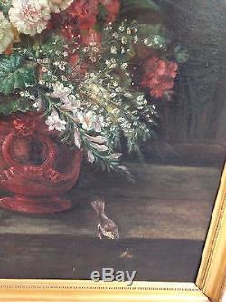 Magnifique Tableau Ancien 19eme Bouquet Fleurs Oiseaux Huile Sur Toile