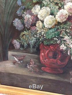 Magnifique Tableau Ancien 19eme Bouquet Fleurs Oiseaux Huile Sur Toile