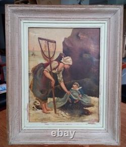 Magnifique Tableau Ancien A. MARIE Scène de Pêche en Bord de Mer Huile