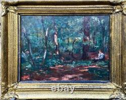 Magnifique Tableau ancien Ecole Impressionniste foret femme lisant, 1890