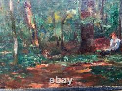 Magnifique Tableau ancien Ecole Impressionniste foret femme lisant, 1890