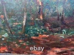 Magnifique Tableau ancien Ecole Impressionniste foret femme lisant, 1890
