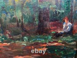 Magnifique Tableau ancien Ecole Impressionniste foret femme lisant, 1890