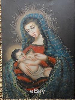Magnifique huile sur toile ancien tableau école de Cuzco vierge à l'enfant 19ème