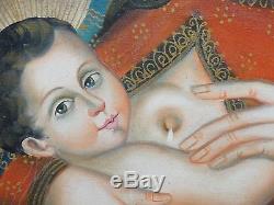 Magnifique huile sur toile ancien tableau école de Cuzco vierge à l'enfant 19ème