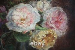 Mariette Romiée, Liège, XIX-XXe, Tableau ancien, Bouquet roses, Huile sur toile
