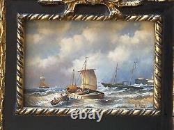 Miroir Trumeau Ancien Tableau Huile Sur Panneau Signé Mer Bateaux À Voile