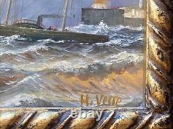 Miroir Trumeau Ancien Tableau Huile Sur Panneau Signé Mer Bateaux À Voile