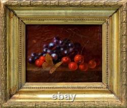 Nature morte aux cerises et papillon XIXe HUILE MONOGRAMME TABLEAU ANCIEN CADRE