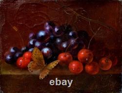 Nature morte aux cerises et papillon XIXe HUILE MONOGRAMME TABLEAU ANCIEN CADRE