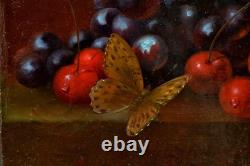 Nature morte aux cerises et papillon XIXe HUILE MONOGRAMME TABLEAU ANCIEN CADRE