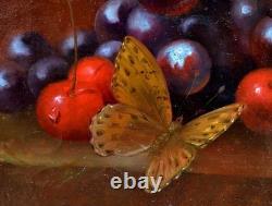 Nature morte aux cerises et papillon XIXe HUILE MONOGRAMME TABLEAU ANCIEN CADRE Nature morte aux cerises et papillon XIXe HUILE MONOGRAMME TABLEAU ANCIEN CADRE