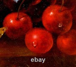 Nature morte aux cerises et papillon XIXe HUILE MONOGRAMME TABLEAU ANCIEN CADRE