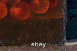 Nature morte aux cerises et papillon XIXe HUILE MONOGRAMME TABLEAU ANCIEN CADRE