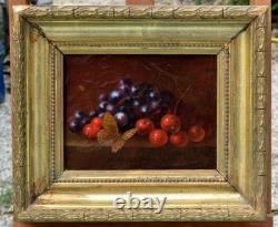 Nature morte aux cerises et papillon XIXe HUILE MONOGRAMME TABLEAU ANCIEN CADRE