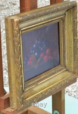 Nature morte aux cerises et papillon XIXe HUILE MONOGRAMME TABLEAU ANCIEN CADRE