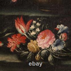 Nature morte avec lapin tableau ancien huile sur toile peinture vase fleurs 700