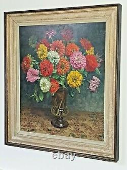 Oswald Poreau Grand tableau ancien 86 x 76 Bouquet de zinnias Huile sur panneau