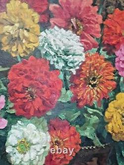 Oswald Poreau Grand tableau ancien 86 x 76 Bouquet de zinnias Huile sur panneau