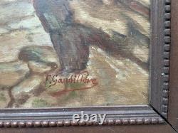 Ours, Huile sur panneau signée Gaudillere, Tableau ancien, Peinture, Début XXe