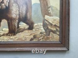 Ours, Huile sur panneau signée Gaudillere, Tableau ancien, Peinture, Début XXe