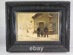 P. BARRET ANCIEN TABLEAU HUILE SUR TOILE MILITAIRE PAYSAGE DE NEIGE XIX ème