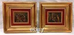 Paire De Tableaux Anciens Huile Sur Bois Scenes Taverne Medieval