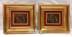 Paire De Tableaux Anciens Huile Sur Bois Scenes Taverne Medieval