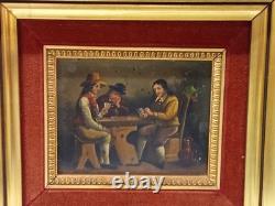 Paire De Tableaux Anciens Huile Sur Bois Scenes Taverne Medieval