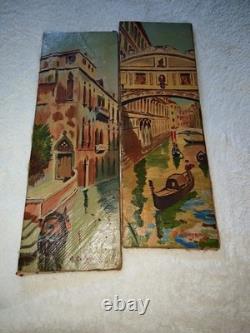 Paire d'anciens tableaux Huile sur toile 50 x 16cm signé A. Company Vue Venise