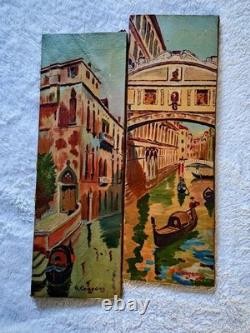 Paire d'anciens tableaux Huile sur toile 50 x 16cm signé A. Company Vue Venise