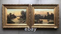 Paire de tableaux anciens PAYSAGES DE RIVIÈRE Signés Fort ou Fori Éc. Italienne