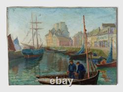 Paolo Vetri Tableau Ancien Marine Port Huile Sur Toile Signée Voiliers Pêcheurs