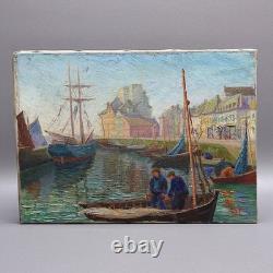 Paolo Vetri Tableau Ancien Marine Port Huile Sur Toile Signée Voiliers Pêcheurs