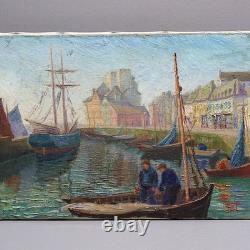 Paolo Vetri Tableau Ancien Marine Port Huile Sur Toile Signée Voiliers Pêcheurs