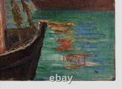 Paolo Vetri Tableau Ancien Marine Port Huile Sur Toile Signée Voiliers Pêcheurs