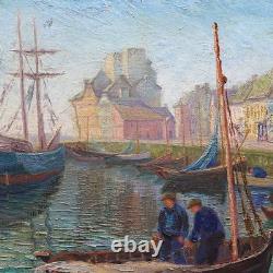 Paolo Vetri Tableau Ancien Marine Port Huile Sur Toile Signée Voiliers Pêcheurs