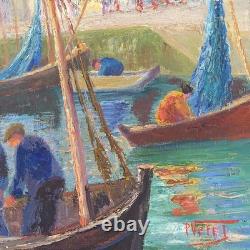 Paolo Vetri Tableau Ancien Marine Port Huile Sur Toile Signée Voiliers Pêcheurs