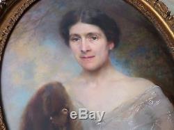 Paul Leroy-1860-1942Tableau ancien/Huile/toile ovale-Portrait FEMME-hermine-oil