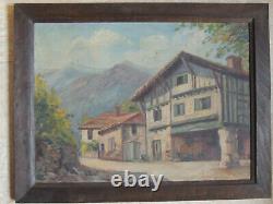 Pays Basque, tableau ancien, peinture à l'huile sur carton, maison Basque